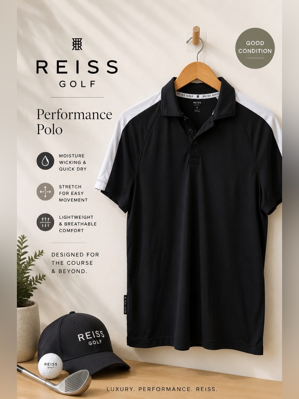 Reiss Golf Performance Polo Shirt Black White Colorblock Size M